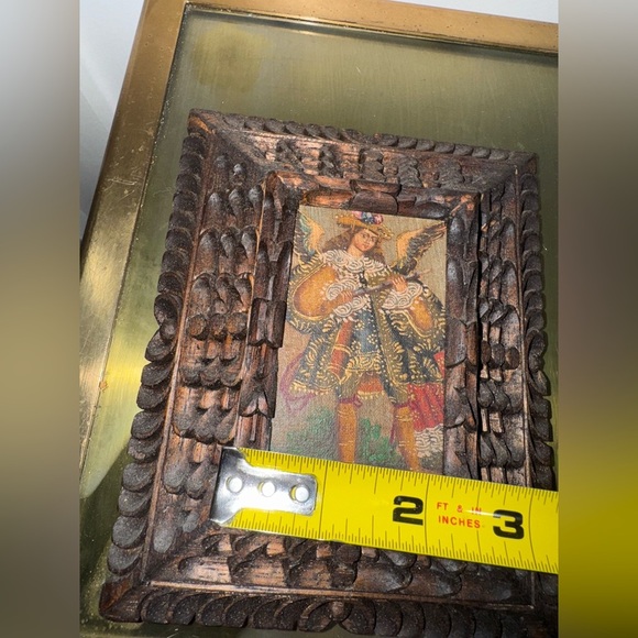 Antique Cuzco Peru Spanish Colonial Angel On Hand Carved Wood Frame Small - Picture 5 of 7